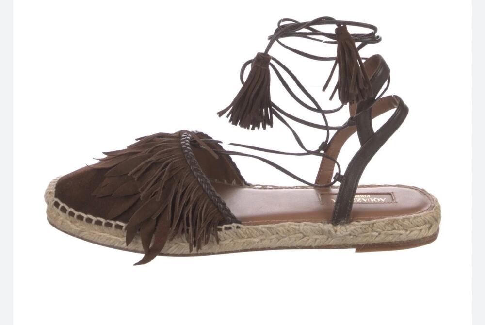 Aquazzura Pocahontas Fringed Suede Lace-Up Espadrille Flats 39